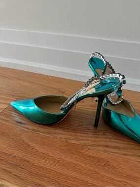 Jimmy Choo Teal Metallic Pointed Toe Stiletto Heels with Crystal Embellishment